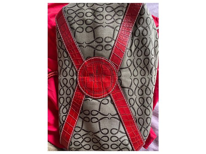 Autre Marque Bolsa de mão vermelha em tela monogramada e couro efeito crocodilo Vermelho Castanho claro - vista 5