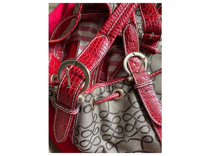 Autre Marque Bolsa de mão vermelha em tela monogramada e couro efeito crocodilo Vermelho Castanho claro - vista 6