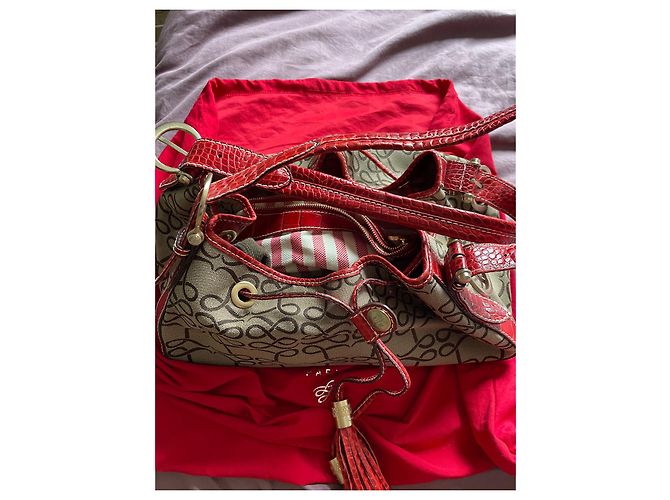Autre Marque Bolsa de mão vermelha em tela monogramada e couro efeito crocodilo Vermelho Castanho claro - vista 7