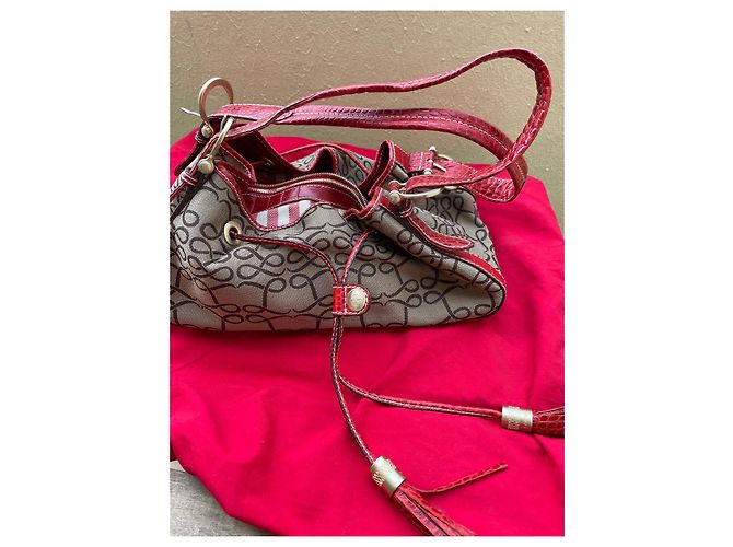 Autre Marque Bolsa de mão vermelha em tela monogramada e couro efeito crocodilo Vermelho Castanho claro - vista 8