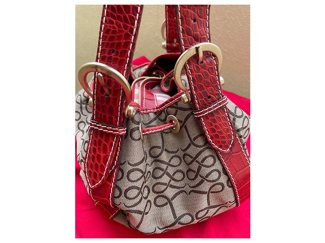 Autre Marque Bolsa de mão vermelha em tela monogramada e couro efeito crocodilo Vermelho Castanho claro - vista 9