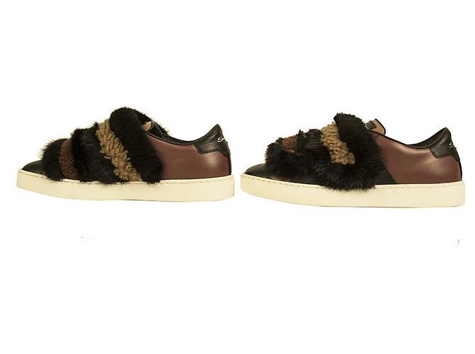 Santoni Noir Marron Fourrure Cuir Baskets Basses Baskets Taille Chaussures 37 Multicolore - vue 3