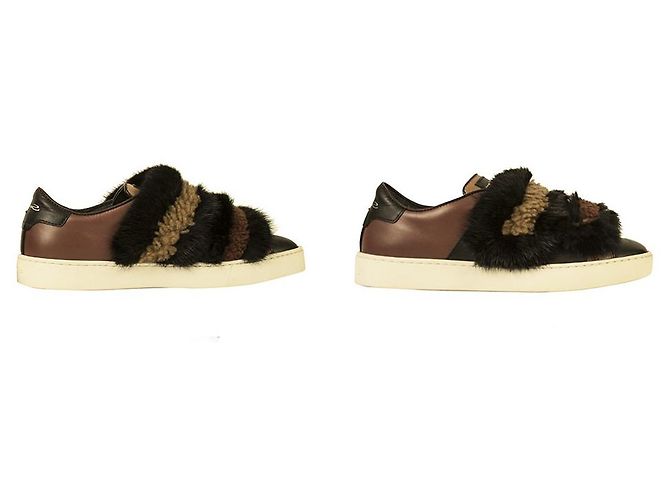Santoni Noir Marron Fourrure Cuir Baskets Basses Baskets Taille Chaussures 37 Multicolore - vue 4