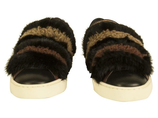 Santoni Noir Marron Fourrure Cuir Baskets Basses Baskets Taille Chaussures 37 Multicolore - vue 5