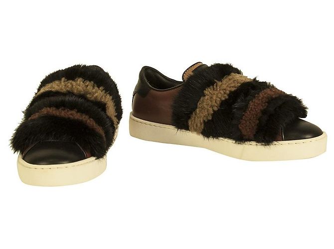 Santoni Noir Marron Fourrure Cuir Baskets Basses Baskets Taille Chaussures 37 Multicolore - vue 9