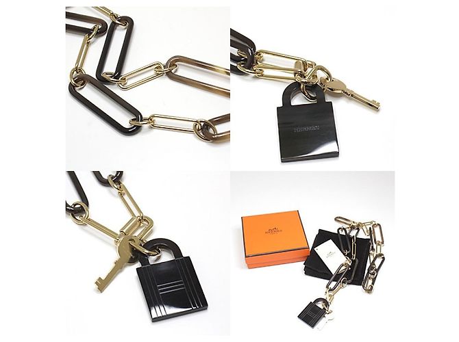 Hermès * Hermes HERMES collana lunga amuleto lucchetto GM corno di bufalo/chiave cadena placcata oro marrone/oro 83.5cm D'oro - vista 3