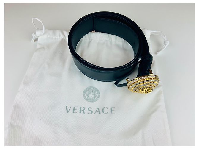 Cinto Versace de couro preto com fivela de ouro e prata 85 cm - vista 2