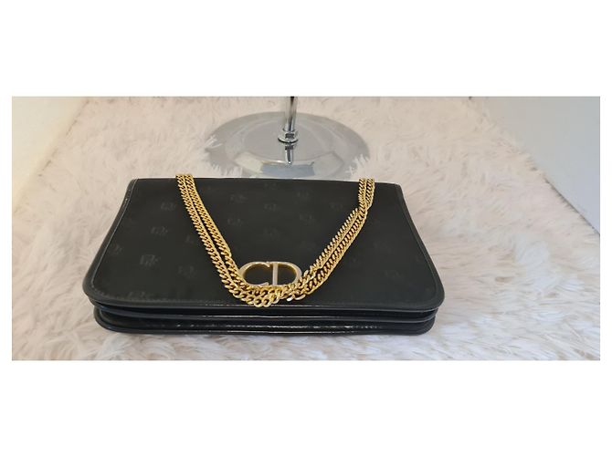 Bolsa de ombro Christian Dior com Corrente Couro Azul Marinho e Canvas Logo Preto - vista 3