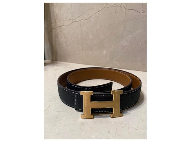 Cinto com fivela de couro Hermès REVERSIBLE “H” dourado 18K Preto - vista 3