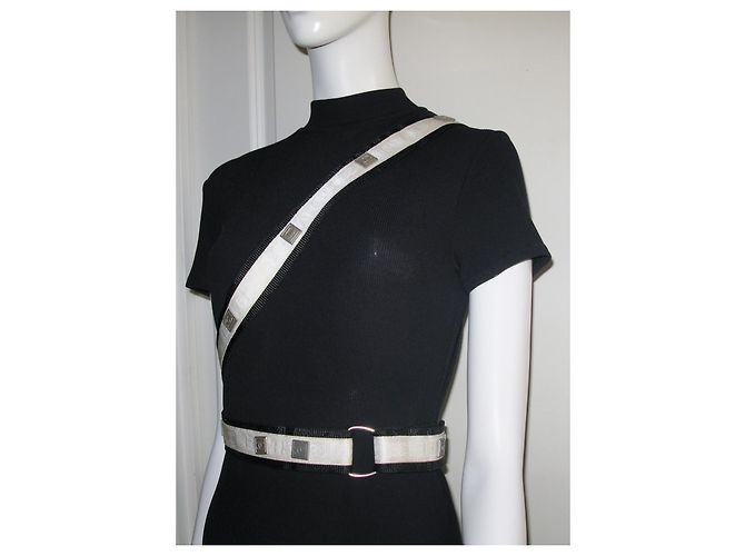 Cintura Chanel in tela bianca e nera con logo CC Bianco - vista 3