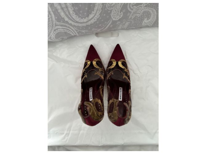 Manolo Blahnik Pititia Pumps Rot Satin und Leder 115mm Bordeaux - Ansicht 4