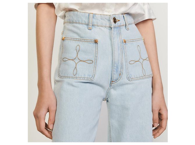 Jeans Sandro Wide Leg Azules de Algodón con Bolsillos Bordados - vista 4