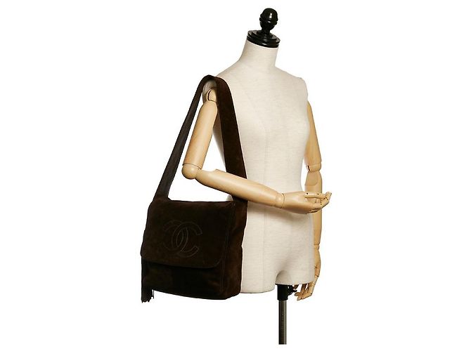 Chanel Coco Mark Wildleder-Umhängetasche mit Fransen Braun - Ansicht 11