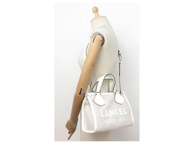 NUOVA LANCEL SUMMER TOTE MINI BORSA A MANO12006 BORSA A SPALLA IN TELA E PELLE Beige - vista 4
