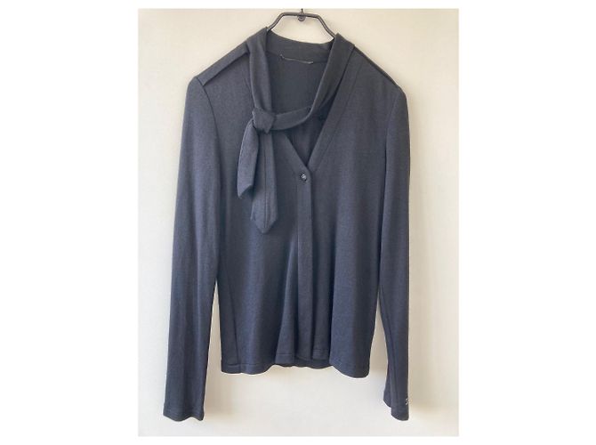 Chanel Strickjacke mit Krawattenkragen aus Kaschmir und Seide Dunkelblau - Ansicht 8