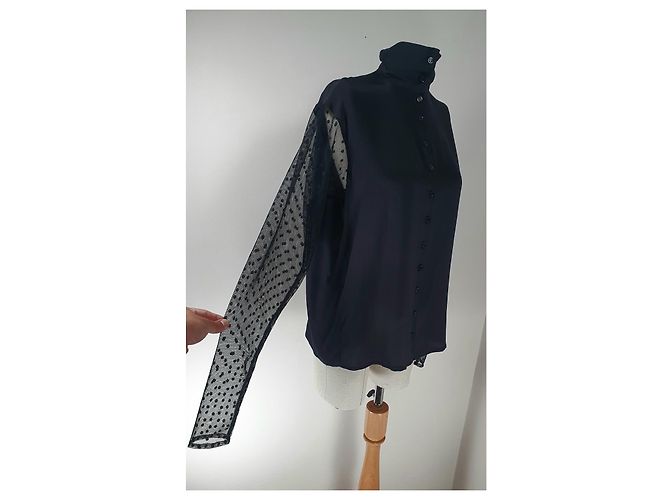 Camicia Lemaire in seta nera a pois con maniche trasparenti Nero - vista 3