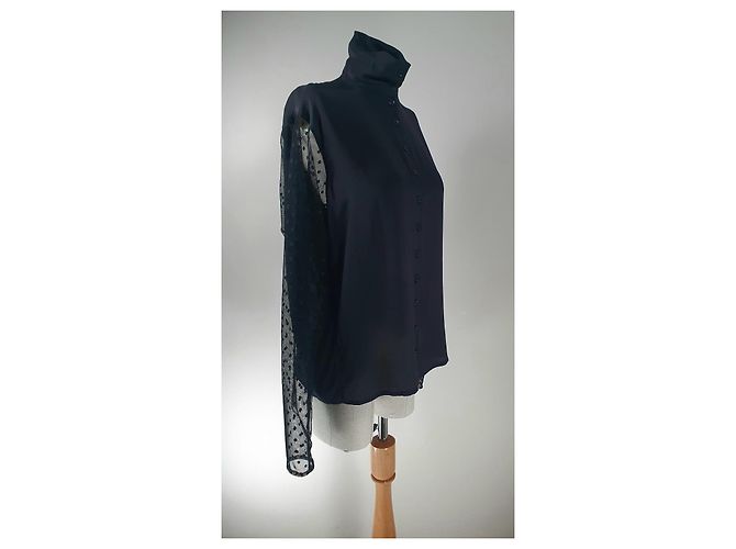 Camicia Lemaire in seta nera a pois con maniche trasparenti Nero - vista 5