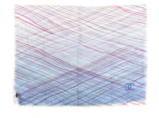 Sciarpa Pareo Chanel CC a Righe in Cotone e Cashmere Blu Multicolore Porpora Blu chiaro - vista 4