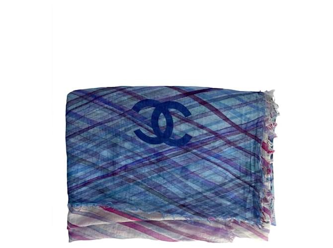 Sciarpa Pareo Chanel CC a Righe in Cotone e Cashmere Blu Multicolore Porpora Blu chiaro - vista 6