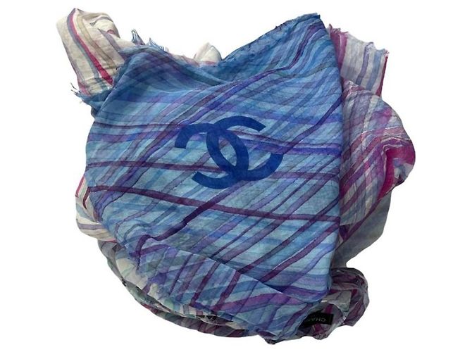 Sciarpa Pareo Chanel CC a Righe in Cotone e Cashmere Blu Multicolore Porpora Blu chiaro - vista 7