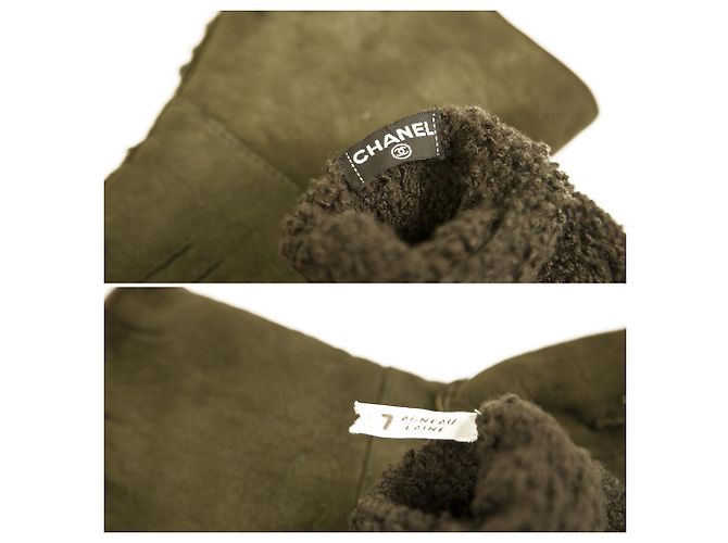 Chanel khakigrüne Wildleder- und Lammfellhandschuhe mit CC-Knopfgröße 7 - Ansicht 5