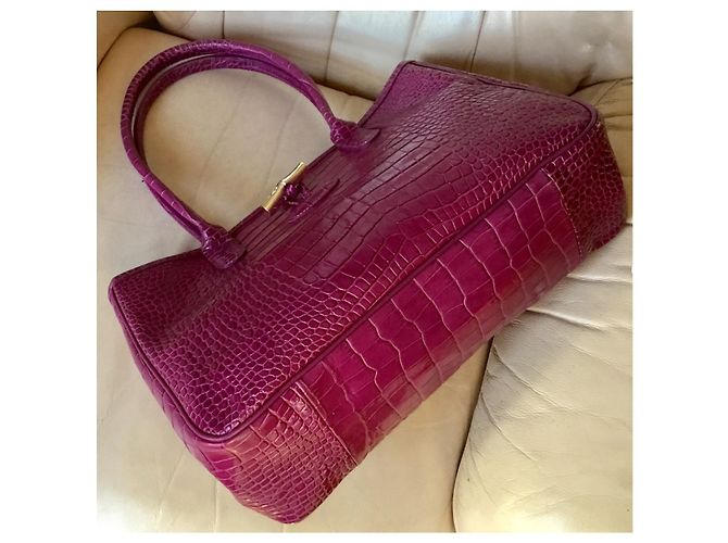 Longchamp Roseau Borsa in pelle croco fucsia Fuschia - vista 3