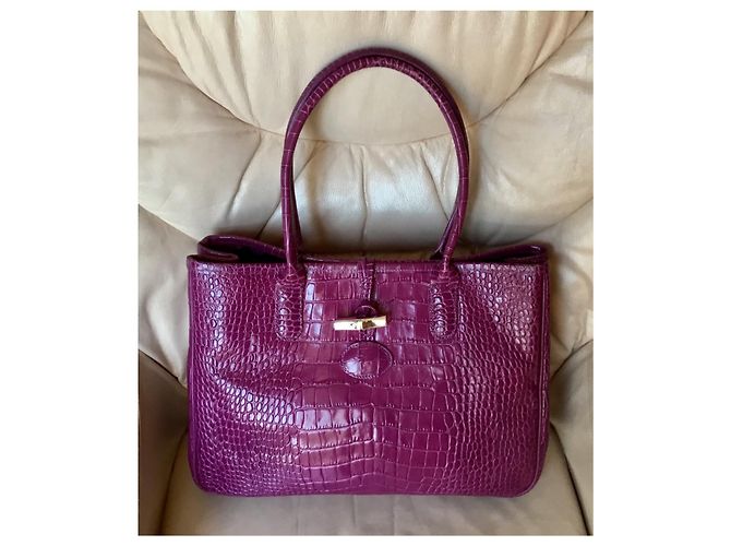 Longchamp Roseau Borsa in pelle croco fucsia Fuschia - vista 4