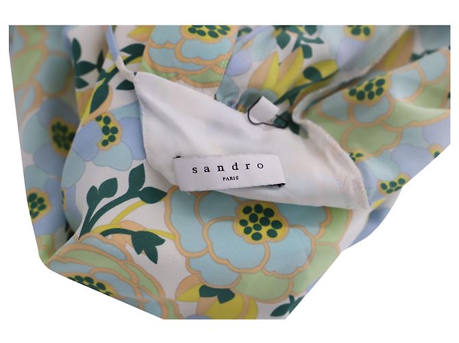 Abito longuette floreale con scollo a V e maniche a campana Sandro Paris in chiffon di seta celeste Blu Blu chiaro - vista 4