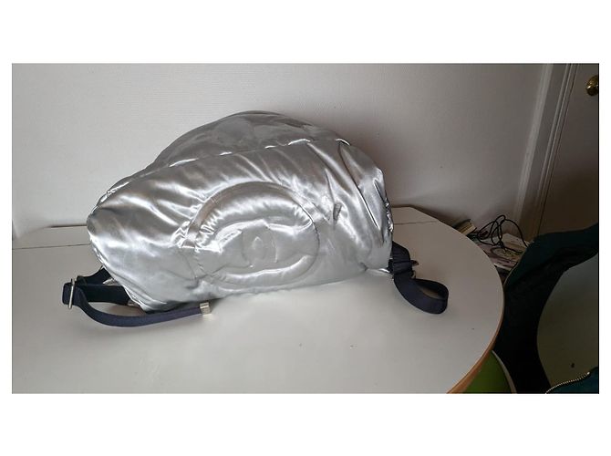 Chanel backpack silver embossed nylon canvas Silvery - view 2