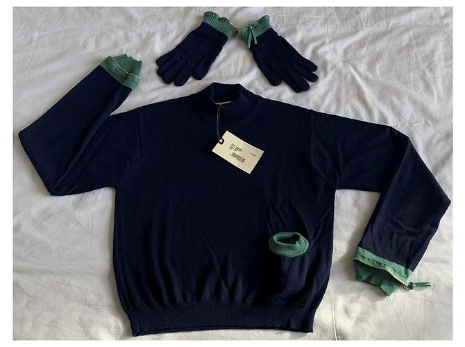 Jean Paul Gaultier wool sweater navy blue and jade green - view 2