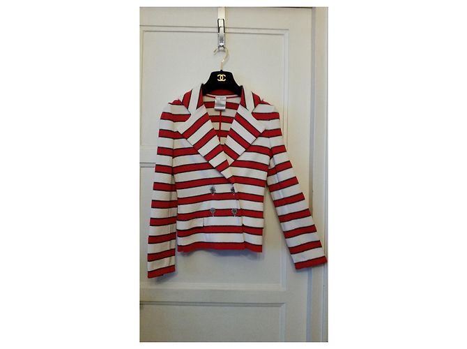 Chaqueta Chanel de punto de algodón a rayas Rojo Crudo Marrón Castaño Roja Crema - vista 10