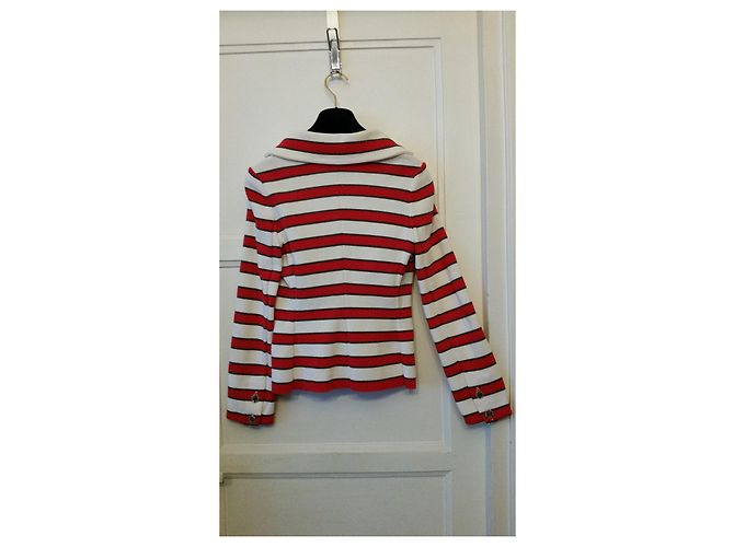 Chaqueta Chanel de punto de algodón a rayas Rojo Crudo Marrón Castaño Roja Crema - vista 11