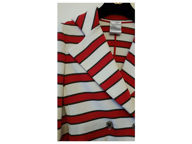 Chaqueta Chanel de punto de algodón a rayas Rojo Crudo Marrón Castaño Roja Crema - vista 12
