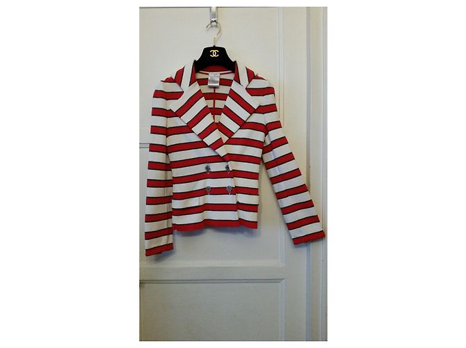 Chaqueta Chanel de punto de algodón a rayas Rojo Crudo Marrón Castaño Roja Crema - vista 2