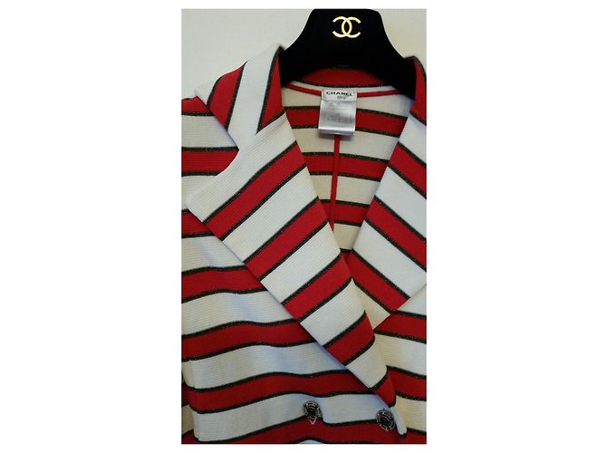 Chaqueta Chanel de punto de algodón a rayas Rojo Crudo Marrón Castaño Roja Crema - vista 3