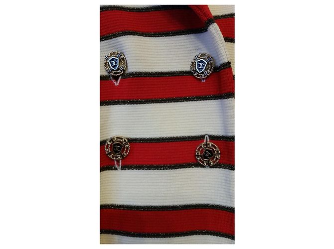 Chaqueta Chanel de punto de algodón a rayas Rojo Crudo Marrón Castaño Roja Crema - vista 6