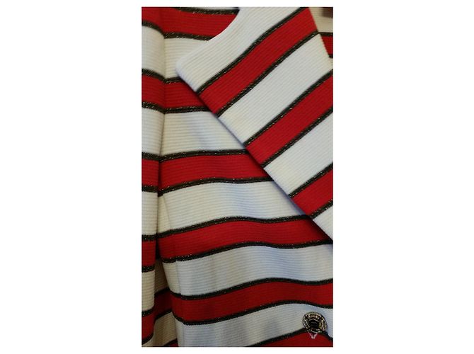 Chaqueta Chanel de punto de algodón a rayas Rojo Crudo Marrón Castaño Roja Crema - vista 7