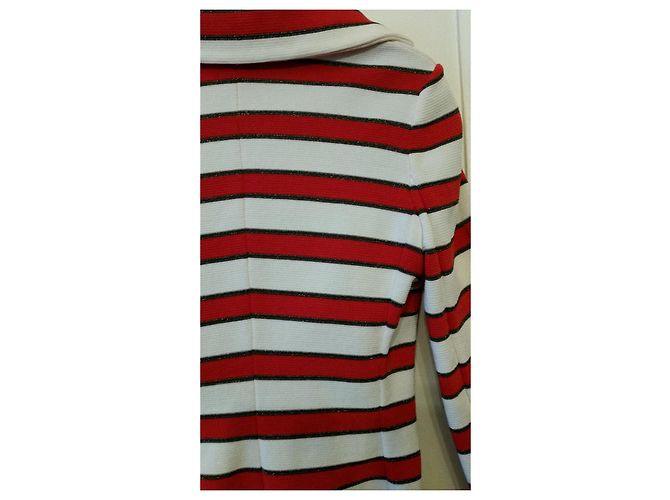 Chaqueta Chanel de punto de algodón a rayas Rojo Crudo Marrón Castaño Roja Crema - vista 8