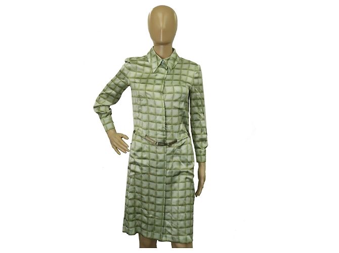 * [CHANEL] Chanel Coco Mark Kariertes Hemdkleid, einteilig, langärmelig, knielang, aus Seide 100% Grün - Ansicht 6