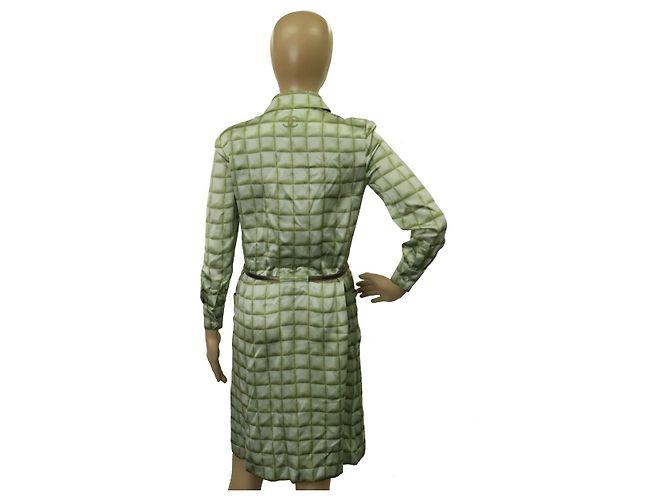 * [CHANEL] Chanel Coco Mark Kariertes Hemdkleid, einteilig, langärmelig, knielang, aus Seide 100% Grün - Ansicht 7