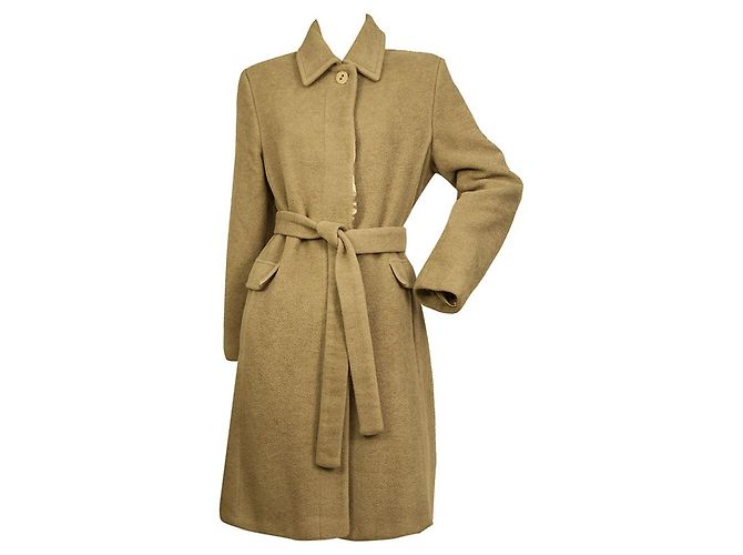 Per te by Krizia 100% Virgin Wool Button Front Belted Classic Coat Beige - view 6