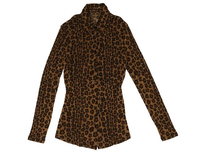 FENDI Leopard Langarmhemd Wolle Braun Auth am3595 - vista 2