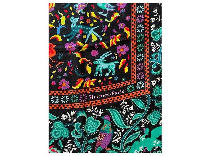 Hermès stola "giardini di seta" nera e verde, 140cm x 140 cm Nero Verde chiaro - vista 2