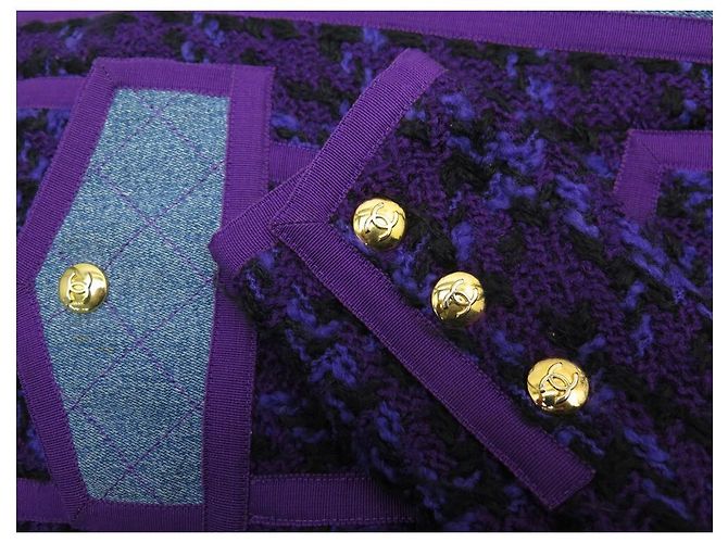 GIACCA CHANEL IN TWEED E DENIM TRAPUNTATO 42 L GIACCA VIOLA BLU BLU VIOLA - vista 4