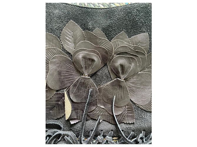 Borsa Gerard Darel in nabuk nero con frange e fiori in pelle - vista 8
