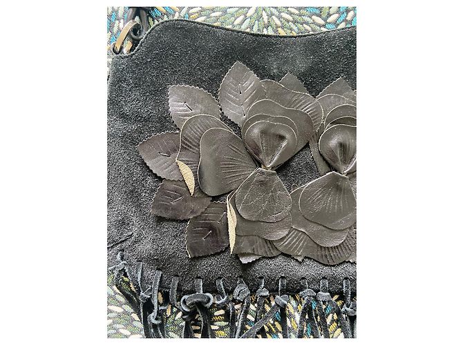Borsa Gerard Darel in nabuk nero con frange e fiori in pelle - vista 9