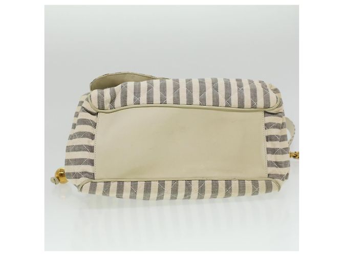 CHANEL Striped Matelasse Chain Umhängetasche Canvas Weiß Grau CC Auth bs3642 Braun - Ansicht 10