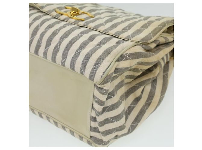 CHANEL Striped Matelasse Chain Umhängetasche Canvas Weiß Grau CC Auth bs3642 Braun - Ansicht 11