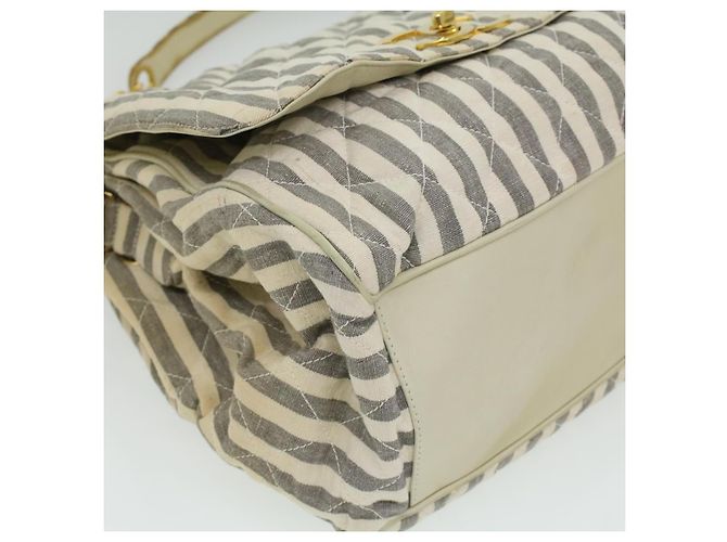 CHANEL Striped Matelasse Chain Umhängetasche Canvas Weiß Grau CC Auth bs3642 Braun - Ansicht 12