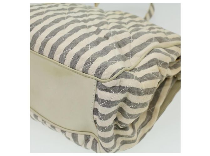 CHANEL Striped Matelasse Chain Umhängetasche Canvas Weiß Grau CC Auth bs3642 Braun - Ansicht 13